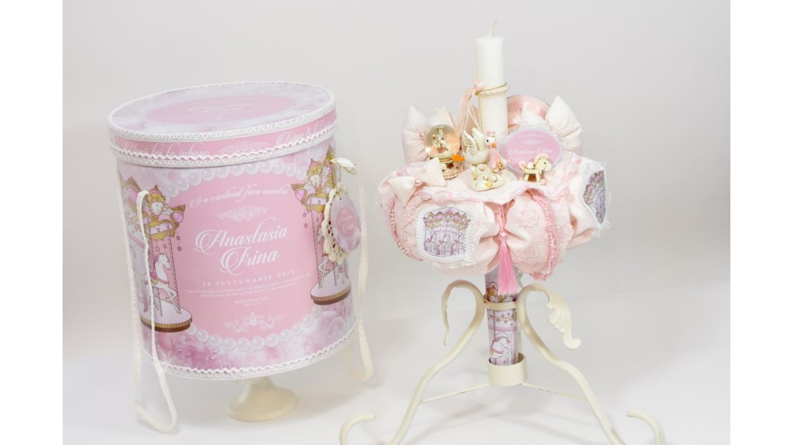 Lumanare de botez personalizata prin brodarea unui carusel, 45cmx4cm, Baby Candle Carousel 4